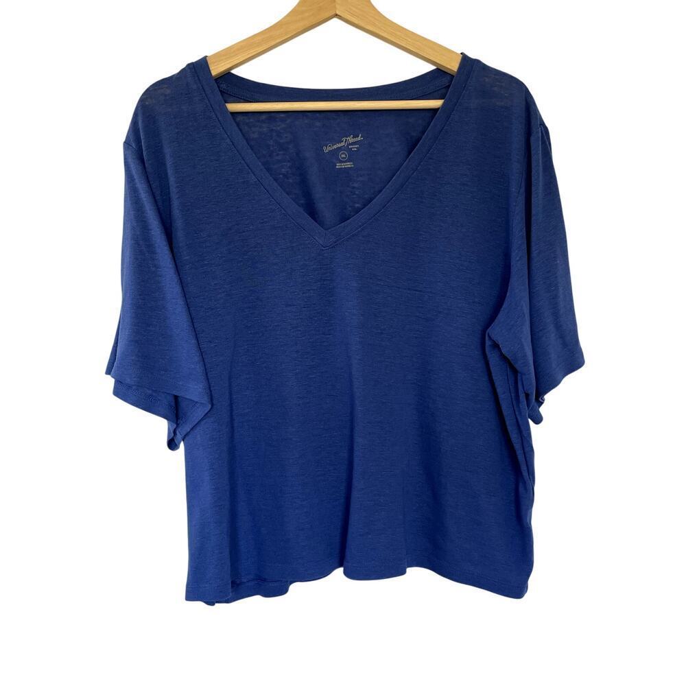 Universal Thread V-Neck Short Sleeve‎ Shirt XXL Blue Women Linen Blend